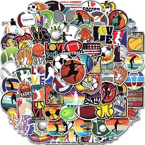 100 PCS Sports Stickers, Soccer Football Volleyball Golf Basketball Stickers, Sports Ball Stickers for Water Bottles Laptop, Stickers for Teens Kids (Sports Stickers)