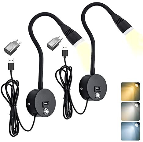 VOMI 3W LED Leselampe Bett Wandmontage Schlafzimmer Wandlampe Dimmbar mit Touch Schalter & USB Port, 2 Stück Wand-Leselampen 360° Flexible Schwanenhals Lampe Schwarz Wandspot mit USB-Stecker