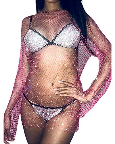 Felcia Robe à manches longues en résille avec strass brillants pour femme, A-rouge rose fluo, L