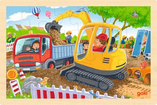 goki 57338 - Einlegepuzzle Bagger - 24 robuste Teile aus Holz - perfekt für kleine Baustellenfans