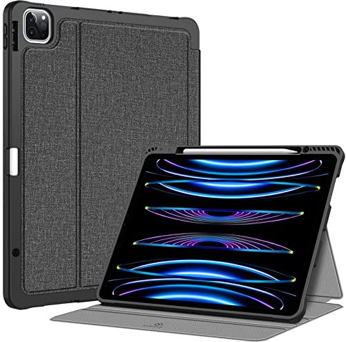 FINTIE Custodia per iPad Pro 12.9 Pollici (2022/2021/2020/2018, 6a/5a/4a/3a Generazione) con Pencil Holder, Multi-angli Cover Protettiva Case con Posteriore in TPU, Grigio