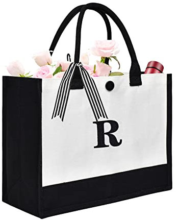 XonyiCos Große personalisierte Initiale Leinwand Geschenk Tragetasche für Frauen Hochzeit Geburtstag Tasche, Monogramm Stickerei Strandtasche Einkaufstasche (R)