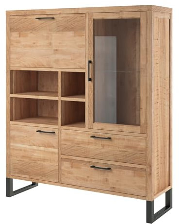 Home4You Highboard - 124 x 147 cm - Akazie massiv sägerau - Metall