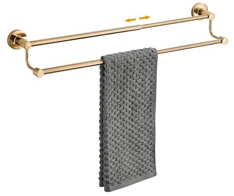 Doppio portasciugamani regolabile per bagno da 38 a 66,5 cm, espandibile in oro opaco doppio porta asciugamani da bagno, montaggio a parete con viti Asta portasciugamani