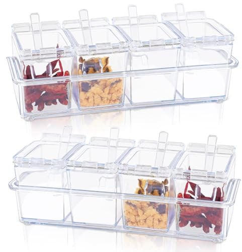 SHAIDOJIO 4 Piece Spice Jars, Clear Seasoning Jars with Lids and Spoon, Plastic Spice Containers Storage, Seasoning Box Spice Pots for Spice Sugar Salt Pepper Tea Coffee Kitchen Home Hotel Cafe