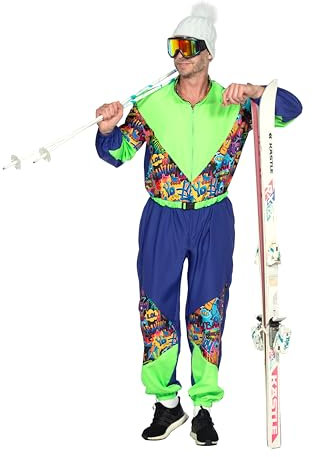 WILBERS & WILBERS 5495 - Traje de esquí retro con estampado de los años 80 para hombre, mono de esquí, traje de nieve, para Aprés Esquí y Carnaval, color azul y verde