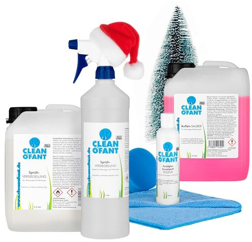 CLEANOFANT Außen Reiniger & Sprüh-Versiegelung & Acrylglas-Kunststoff-Politur Set - für Wohnwagen Wohnmobil Caravan