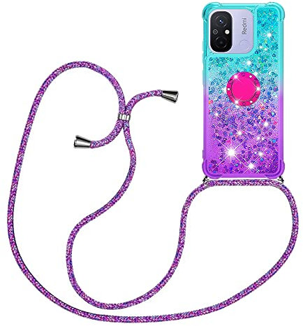 YAMCCCSE für Xiaomi Redmi 12C Hülle mit Band, Mädchen Glitzer Handykette Handyhülle 360 Grad Ring Cover Flüssigkeit Clear Schutzhülle für Xiaomi Redmi 12C,Blau + Lila