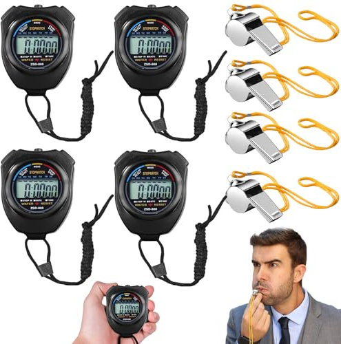 4 chronomètres de Sport numériques, chronomètre pour Enfants avec sifflet en Acier Inoxydable, chronomètre de Sport avec Grand écran LCD pour entraîneurs, arbitres,Course à Pied, Natation, athlétisme