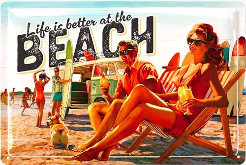 LANOLU Retro Blechschild Life is better at the BEACH, Surf und Strand Deko Garten, Pool Schild und Pool Dekoration, Camper Geschenke, vintage Metallschild 20x30cm