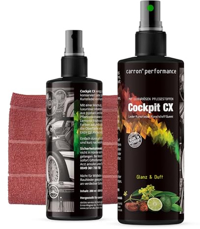carron Cockpit CX Spray zur Reinigung und Pflege von Leder, Kunstleder, Kunststoffen und Gummi mit Jojobaöl, Lemonöl und Carnaubawachs (mit Tuch)