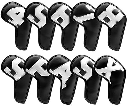 hauni Golf Iron Covers 10pcs,Golf Iron Head Covers Leather Golf Iron Covers Set Colorful Golf Iron Headcovers,Golf Club Head Covers for Iron with Magic Tape Fit Titleist,Callaway,Ping (Black)