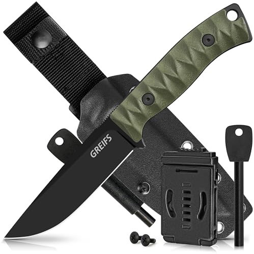 GREIFS® Outdoor-Messer aus D2 Stahl mit Kydex Holster und Feuerstahl, edles Survival Messer für die Bushcraft Ausrüstung, Jagdmesser, Schnitzmesser, Fahrtenmesser (Ranger/Olivgrün)