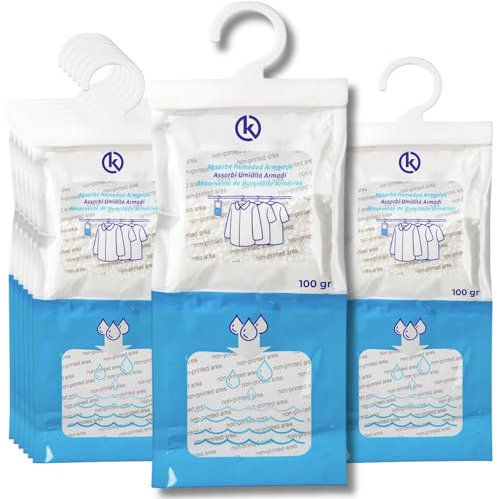 KROWN - Pack de 12 Bolsas Antihumedad con Percha para Armarios, Garajes, Trasteros y Autocaravanas - Deshumidificador Absorbente de Alta Eficiencia, Elimina Humedad y Malos Olores