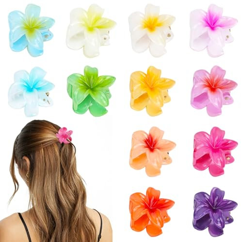 Paquete de 12 pinza pelo flor, pinzas para el cabello con flores, pinzas para el cabello con flores hawaianas, garra de flor de plumeria grande de 4CM, cabello rizado fino y grueso para mujeres, pinz