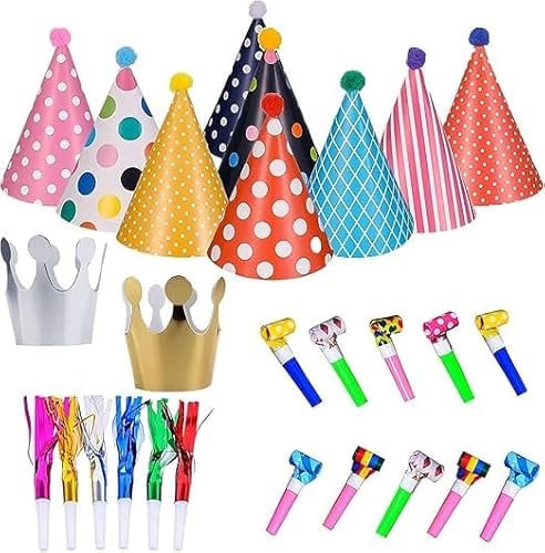 JOYEONDEF 27 Stücke Partyhüte Geburtstag Set Partyhüte Kindergeburtstag Set, 9 Hüte Mit Pompoms Und 2pcs Geburtstag Krone, Geeignet Für Familienfeiern Für Kinder Und Erwachsene