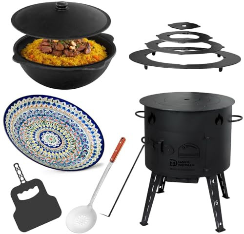 4BIG.fun Utschak Ø44 Uchag 16L Kazan Wok Grillfächer Schaumkelle Eintopfofen Utschag Учаг Campingofen Orientalischer Teller ляган Adapter-Ringe Kaзan Herdplate Feuerstelle Feldküche Außenküche Grill