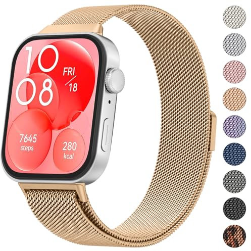 Amzpas Metall Armband Kompatibel mit Huawei Watch Fit 3 Armbänder Damen Herren, Edelstahl Ersatzarmband, Starkem Magnetverschluss Loop Uhrenarmband für HUAWEI Watch FIT 3, Roségold