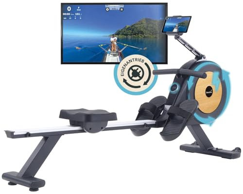 Skandika selbstgenerierendes Rudergerät mit Generator Njord P6-G | 32 elektrische Widerstandsstufen, bis 200 cm und 135 kg, Kinomap App kompatibel, für zuhause | Fitnessgerät für Krafttraining
