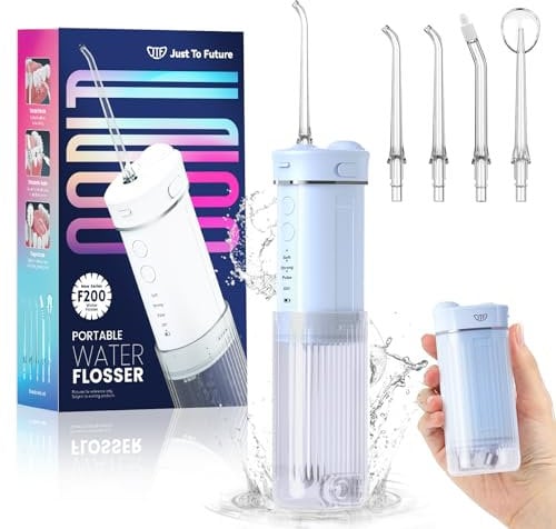 JTF Travel Water Flosser for Teeth Cordless, Mini Portable Oral Irrigator with 4 Modes, 5 Jet Tips, 230ml Water Tank, Ipx7 Waterproof Small Dental Teeth Electric Flosser for Teeth Gums, Blue