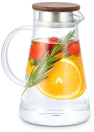 Econovo® Jarra de cristal con tapa, jarra de cristal de 1,5 L y 2 L, jarra de agua con tapa de madera y colador, jarra de cristal apta para bebidas frías y calientes, agua, té helado, vino, café,
