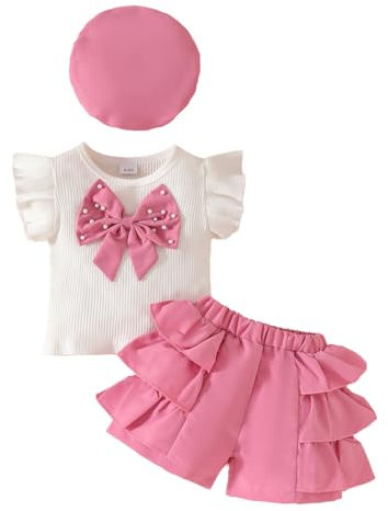 LUVCES Kleinkind Baby Mädchen Kleidungsset Rüschenärmeln Top mit Schleife + Rüschensaum Shorts + Baskenmütze 3Pcs Elegant Sommer Outfits Rosa 18-24 Monate