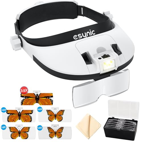 eSynic LED Kopfbandlupe mit 5 Linsen (1X-3.5X), USB Wiederaufladbar, Kalt- und Warmlicht LED mit 2 Helligkeitsstufen, 900mAh Batterie, Einstellbares Kopfband für Schmuckreparatur & Elektronik