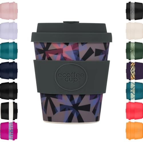 Ecoffee Cup Tasse à café réutilisable et écologique 100 % végétale avec couvercle et manchon en silicone, sans mélamine et biodégradable, passe au lave-vaisselle/micro-ondes (Dunning Kruger) 240 ml