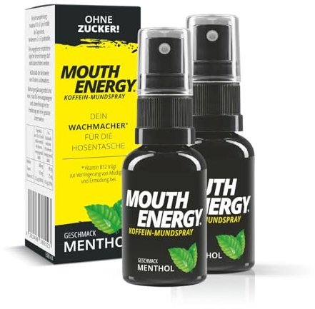 MOUTH ENERGY Koffein-Mundspray Menthol 2er-Set | Dein Wachmacher für die Hosentasche - Energy Drinks, Koffein-Tabletten & Pulver war gestern | Mit Vitamin B12 & Taurin [zuckerfrei]