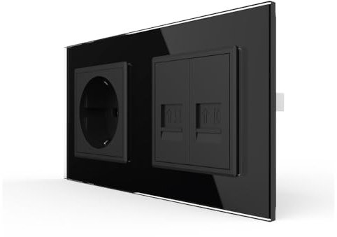 LIVOLO Schuko Steckdose Wandsteckdose mit Telefon RJ11 und Netzwerkmodul RJ45 LAN Ethernet Datendose Anschlussdose inkl. Glasrahmen schwarz Unterputz
