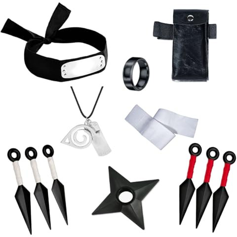 Dazzroi Anime Cosplay Accessoires, Kits De Déguisement, ModèLe De Jouet En Plastique FléChettes, Bandeau, Kunai, Collier, Anneau, Sac à Compartiment Unique, Bande éLastique pour Halloween Carnaval