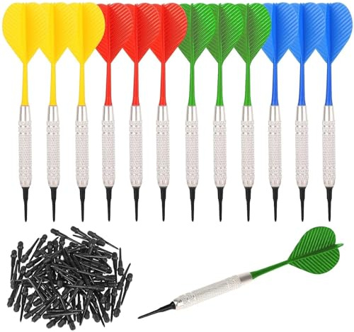 12er Set Dartpfeile mit Kunststoffspitzen – 4 Farben (Rot/Gelb/Blau/Grün) | +36 Ersatzspitzen – Präzisionsgewicht 13,4g – Ideal für Einsteiger & Profis –Für Zuhause, Pub & Turniere
