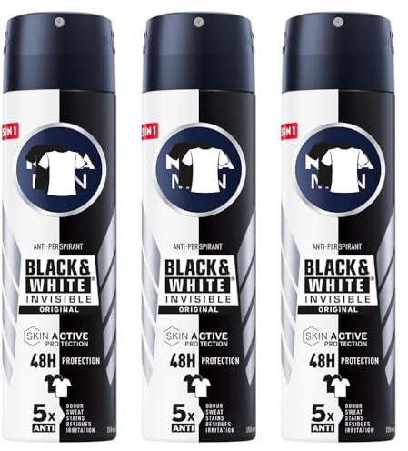 Anti-Perspirant 5N1 Black and White Invinsible Deodorant Spray 48H Skin Active Protection 150ml (Pack of 3)