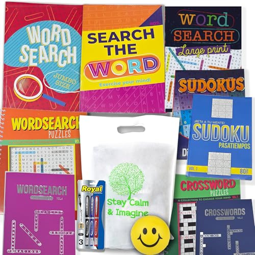 Activity & Puzzle Books Bundle for Adults - 13 Item (Get Well Soon) in a Tote Bag. Word Search, Crossword, Sudoku Pens & Brain Teasers for Seniors, Recovery, Hospital, Surgery Rehab, Brain Exercise