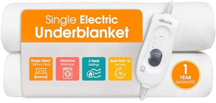 Abode Single Electric Blanket 60W White Heater with 3 Heat Settings, Preheat Function & Detachable Controls, 1.4m Power Cord & Machine Washable AESB1001 (Single)