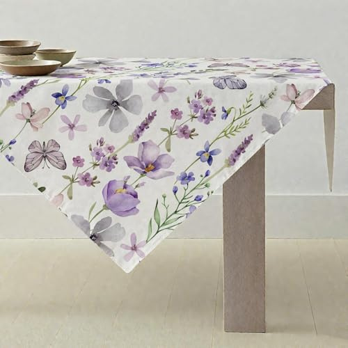 ViaElayu Tischdecke Frühling 85x85 Klein Gartentischdecke Outdoor Mitteldecke Modern Lila Grau Blumen Grün Blätter Schmetterling Tischdecken Abwaschbar Quadrat Garten Tischdecken für Draußen