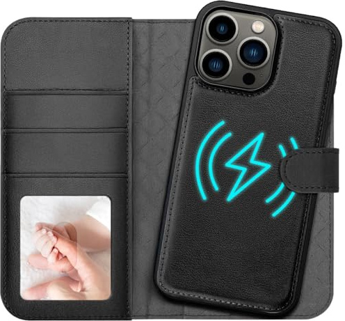 CoolGadget 2in1 Klapphülle für iPhone 13 Pro Magnetisch Schwarz | abnehmbare Hülle kompatibel mit MagSafe, 3 Kartenfächer mit RFID Schutz, PU Leder Klapptasche, Standfunktion