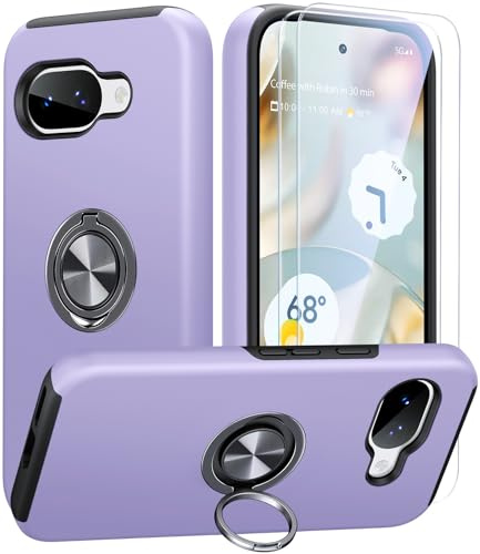 AOUIA for Google Pixel 10A Case with 2-Pack Screen Protector, 3-in-1 Set Cover, 360°Rotating Metal Ring Stand Anti-Scratch Shockproof Phone Case for Google Pixel 10A 6.2, Lilac