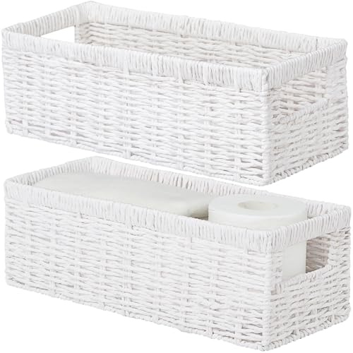 Vagusicc Wicker Storage Baskets with Handle, Handwoven Set of 2 Storage Baskets for Shelves, Wicker Organizer Basket, Toilet Paper Basket, Small Shelf Organiser Hamper for Bathroom (White, 35x15x12cm)