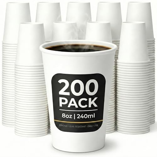 Paper Cups 8oz (240ml) – 200 Pack White Disposable Coffee Cups – Strong Single Wall Cups for Hot & Cold Drinks – Leak-Resistant, Smooth Rim – Ideal for Parties, Home, Office, Cafés & Events