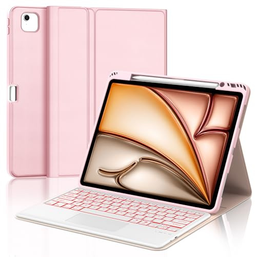 IVEOPPE Funda Teclado para iPad Air 13 Pulgadas M4 2026/M3 2025/M2 2024 | Capa Keyboard Touchpad Bluetooth Retroiluminación Magnético, Español Ñ Desmontable para iPad Pro 12.9 3-6 gen, Rosa claro