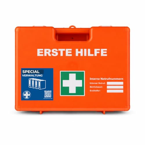 FAP Erste-Hilfe-Koffer Verwaltung Büro Office DIN 13157 gefüllt - Orange | Burngel & Kältekompresse | Betrieb Behörde Gemeinschaft ABS Kunststoff, Betriebsverbandkasten Wandhalterung - 33×42×15 cm