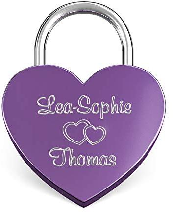 LIEBESSCHLOSS-FACTORY Liebesschloss mit Gravur, Herzschloss, Lila | Vorhängeschloss mit Schlüssel, personalisierte Geschenke, Jahrestag Geschenk für Ihn, Geschenk für Freundin, Valentinstag | Vorhängeschloss mit Schlüssel, personalisierte Geschenke, Jahrestag Geschenk für Ihn, Geschenk für Freundin, Valentinstag