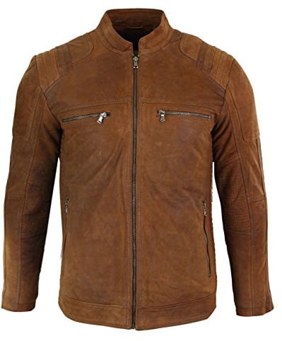 Veste en Daim véritable pour Homme Style rétro Vintage Biker col Indien et Zip