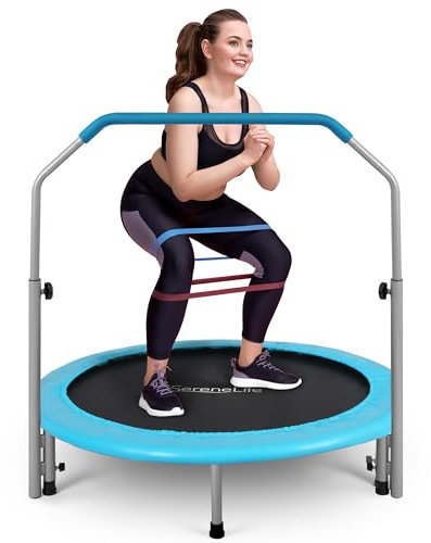 SereneLife Fitness Trampolin Indoor, Trampolin Klein, Ø102cm, Mini Trampoline bis max 100Kg mit Haltestange Höhenverstellbar, Faltbar- mit Randabdeckung, Gartentrampolin für Kinder & Erwachsene