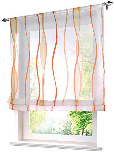 Voile Raffrollo mit Wellen Druck Design Rollos Schlaufen Transparent Vorhang (BxH 140x140cm, Orange mit Tunnelzug)