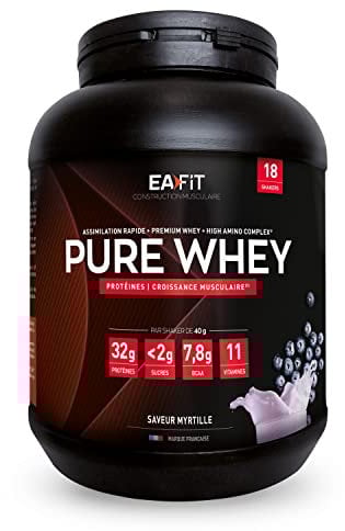 Pure Whey Myrtille, EAFIT,Protéine,32g de protéines Whey+7,6g de BCAA,shaker+magnesium,Musculation,Maintien et construction de la masse musculaire,Whey protein pour le sport,750g