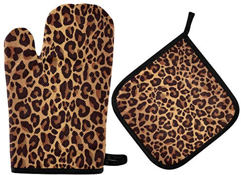 HMZXZ RXYY Tier Leoparden Haut Muster Ofenhandschuhe Gesteppt Baumwolle Beschichtung Topflappen BBQ Handschuhe-Ofenhandschuhe Hitzebeständig Küche Sicher Matten für Backen Kochen