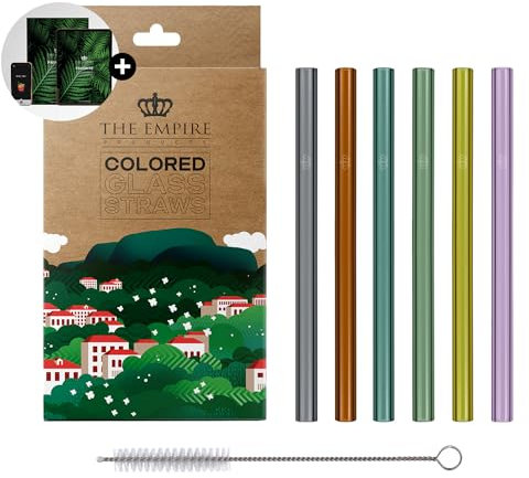 The Empire Products® [+ EBOOK] Wiederverwendbare Premium Glas Strohhalme inkl. Reinigungsbürste - Glas Trinkhalme bunt gerade 6 Stück Set - 15cm lang - 8mm Durchmesser (15cm gerade)