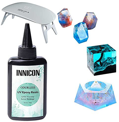 100ml geruchloses UV-Harz-Epoxid-Set mit tragbarer UV-Lampe, kristallklar, kein Vergilben, schnelles Aushärten von UV-Harz, Epoxidharz für handgefertigte DIY-Anhänger, Ohrringe, Armbänder,